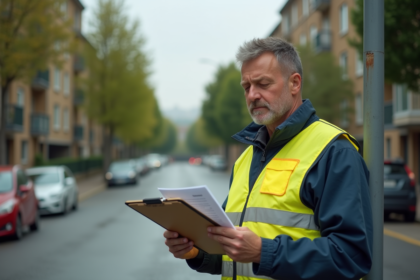 Agent municipal en gilet réfléchissant examine un lampadaire