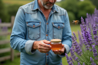 Homme en denim tenant un pot de miel près de lavande en fleurs