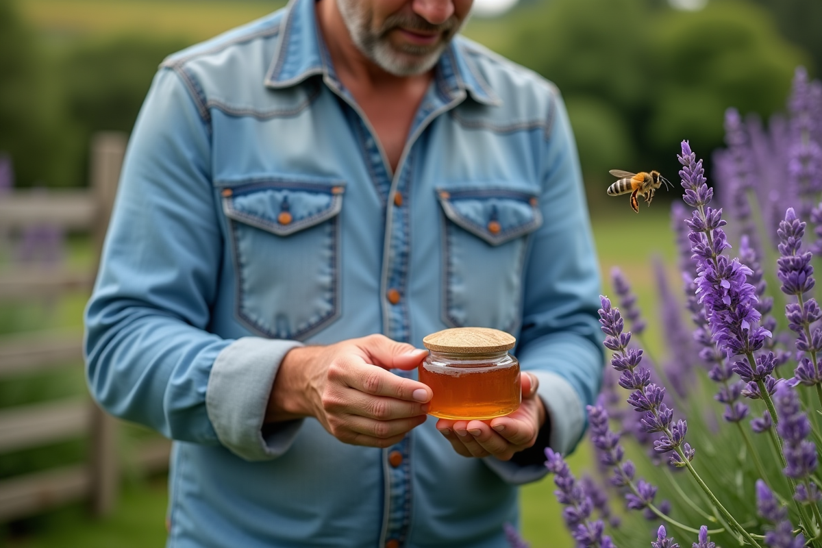 Homme en denim tenant un pot de miel près de lavande en fleurs
