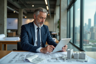Architecte homme en costume examine un modèle 3D de bâtiment