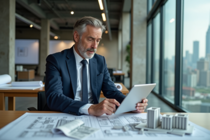 Architecte homme en costume examine un modèle 3D de bâtiment