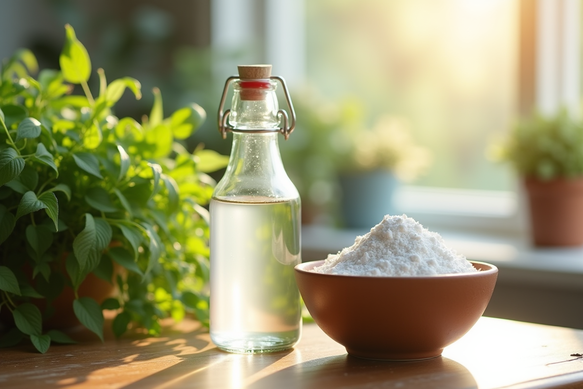 Bol de bicarbonate et bouteille de vinaigre sur table avec plantes vertes