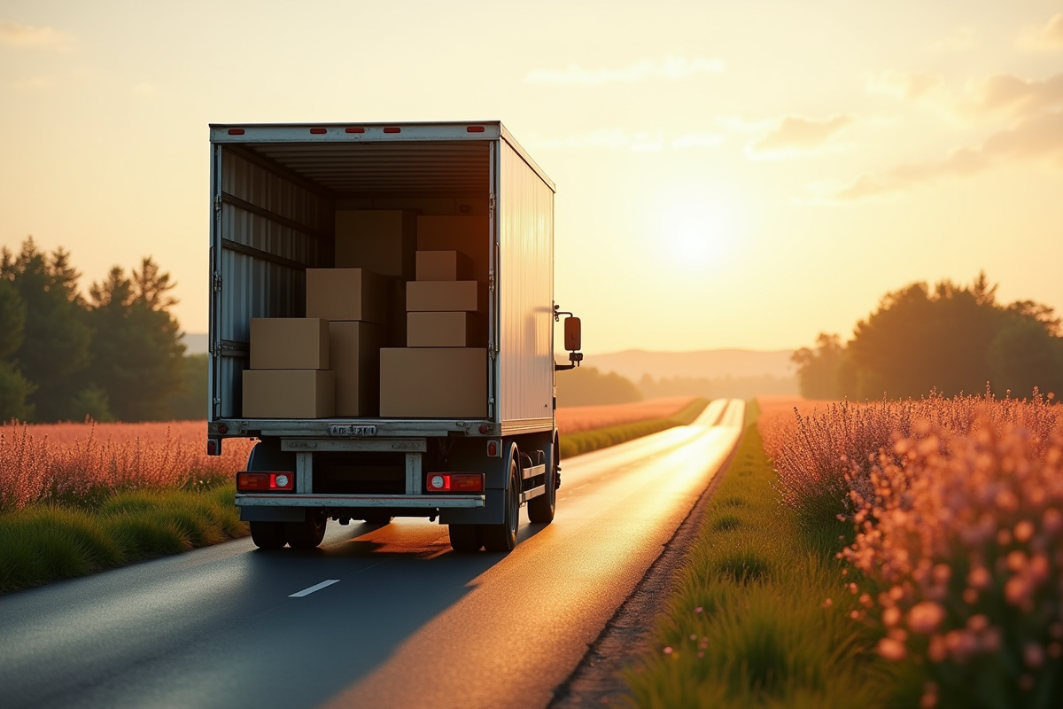 Camion de déménagement roulant sur une route de campagne en France au matin
