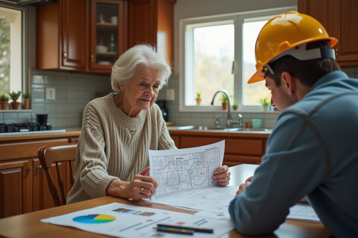 Femme âgée avec diagrammes électriques et échantillons de câblage
