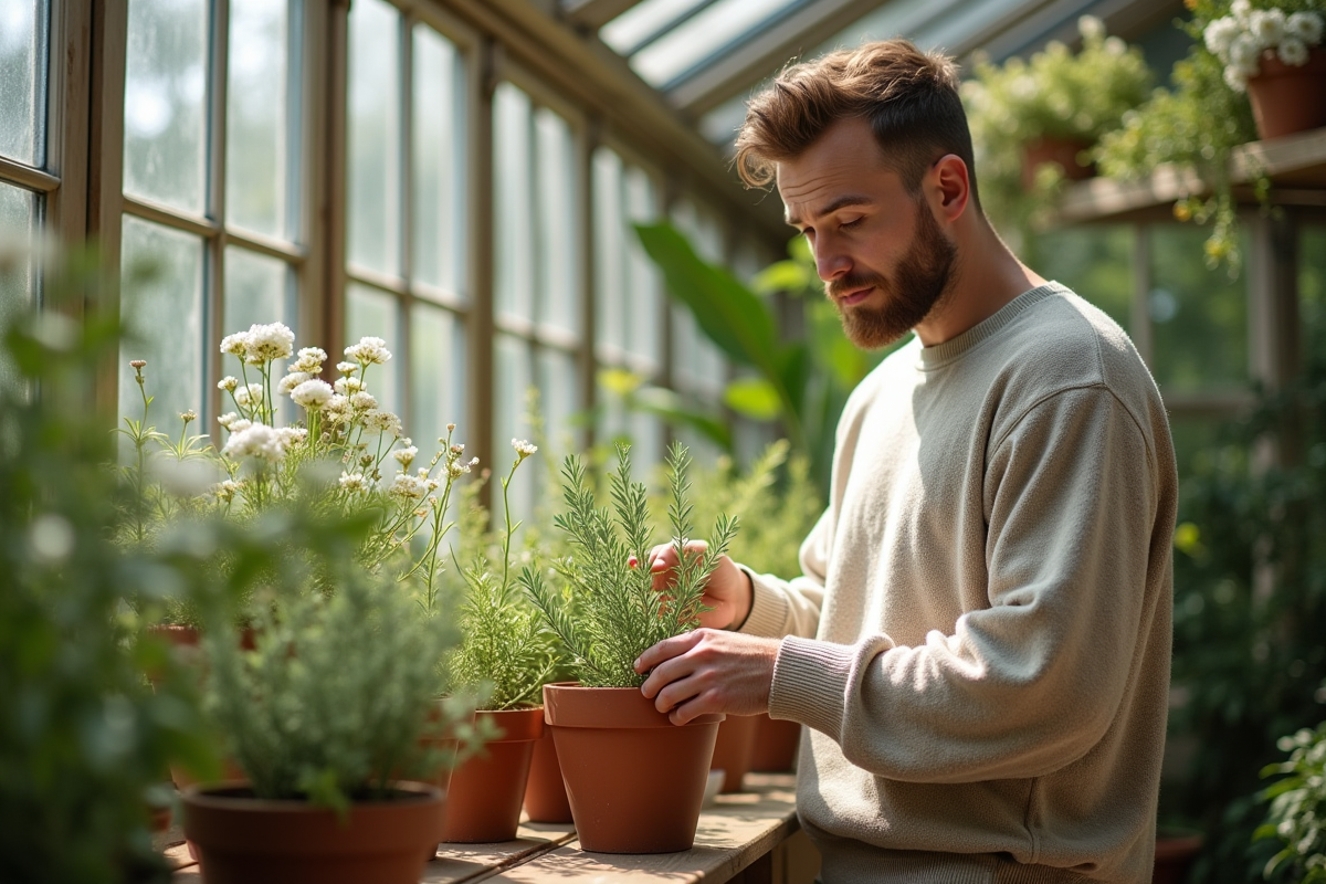 Jeune homme arrangeant des plantes dans un conservatoire lumineux