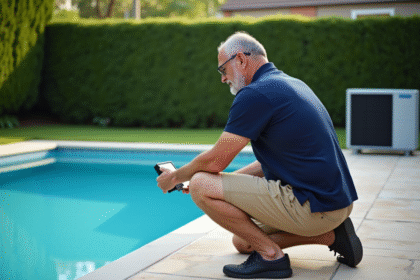 Homme vérifiant un panneau de contrôle d'une pompe à chaleur piscine