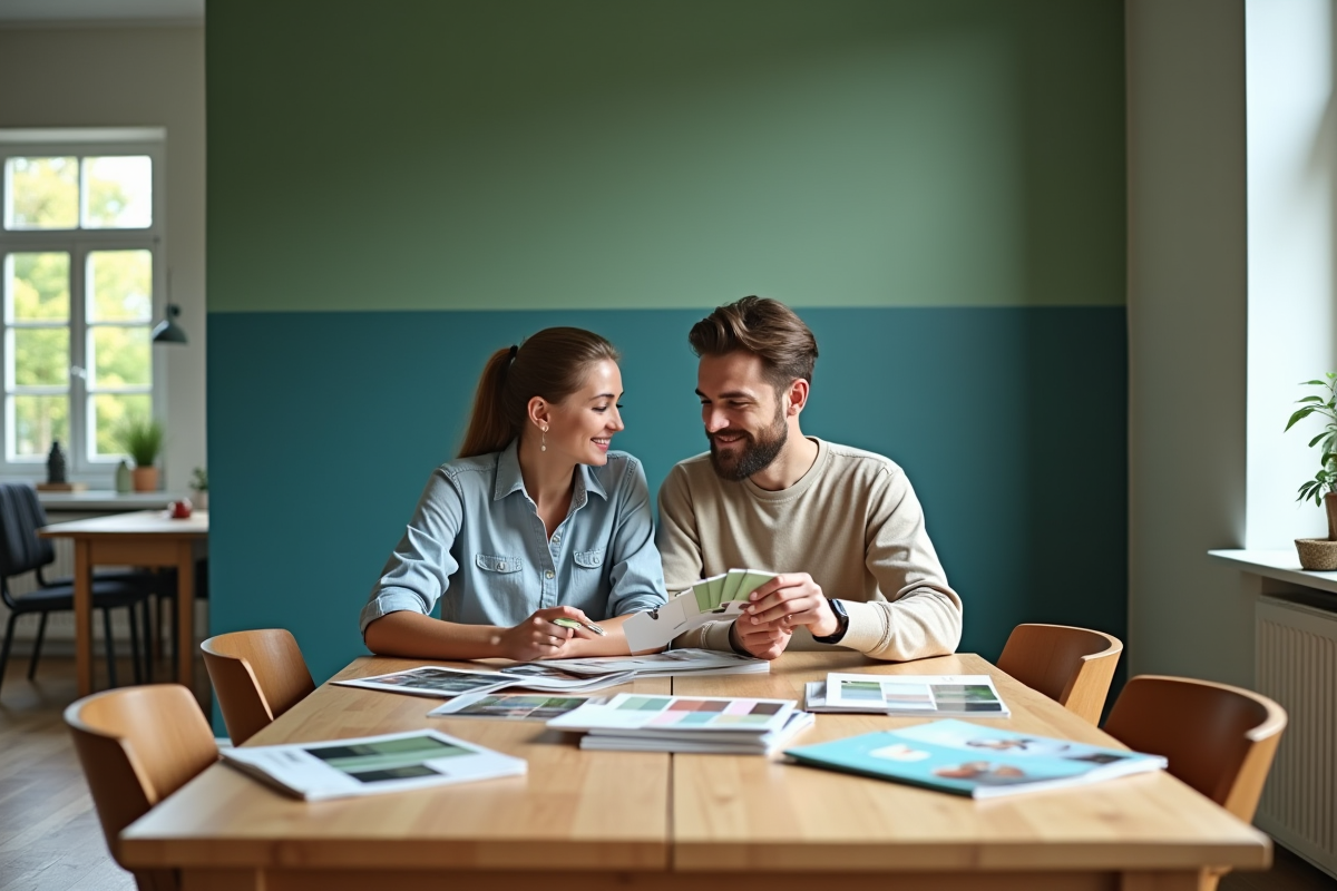 Jeune couple discute des échantillons de couleurs dans la salle à manger