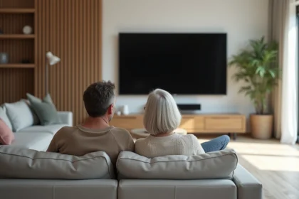 Couple assis sur un canapé moderne regardant la télévision