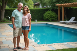 Couple souriant devant leur piscine installée dans le jardin
