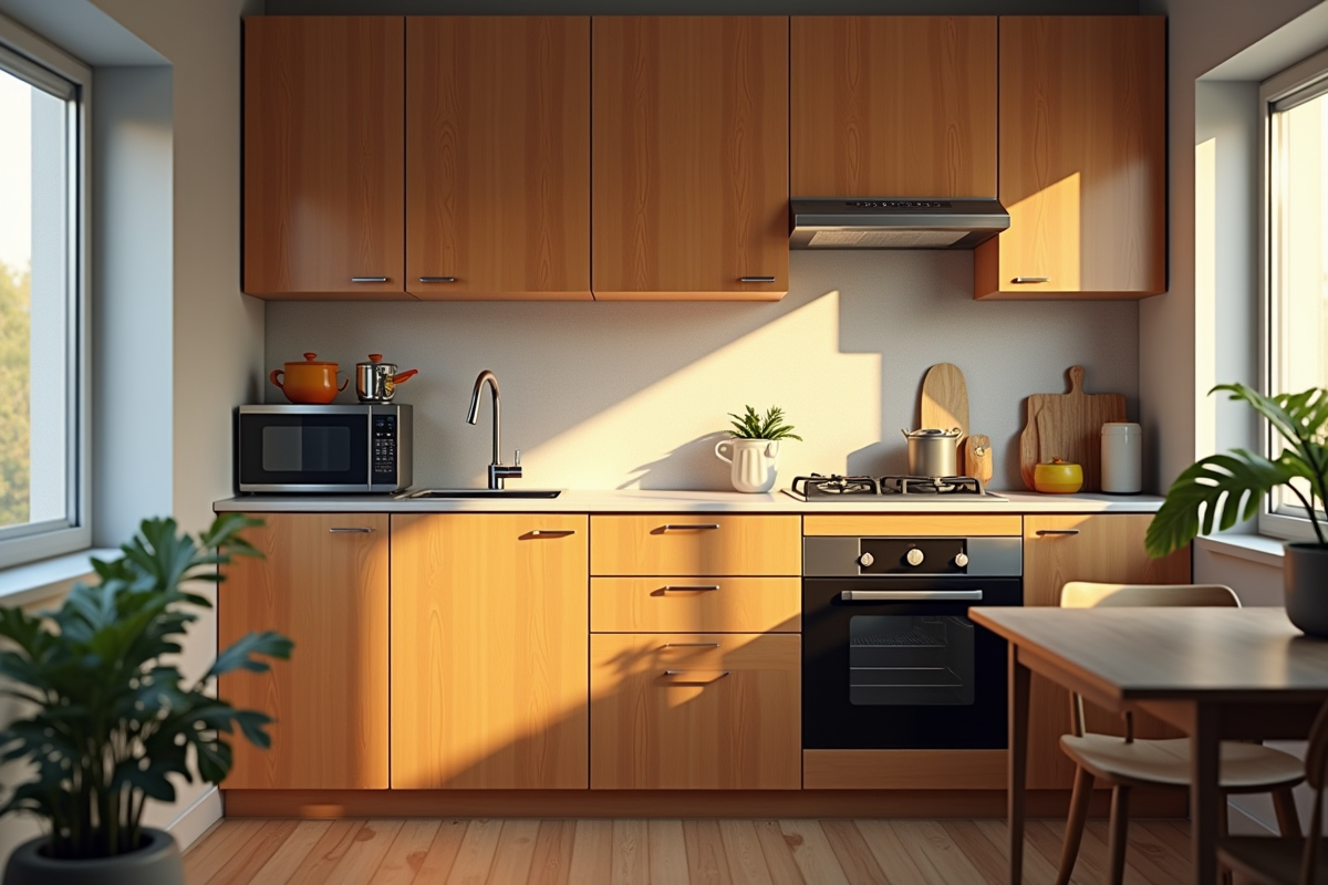 Petite cuisine urbaine avec meubles en bois et éclairage doux