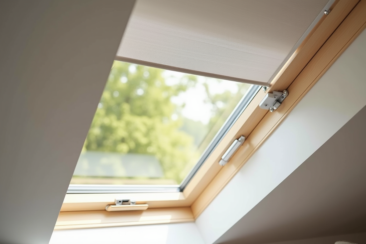 Zoom sur le volet Velux GGL M04 monté dans une pièce lumineuse