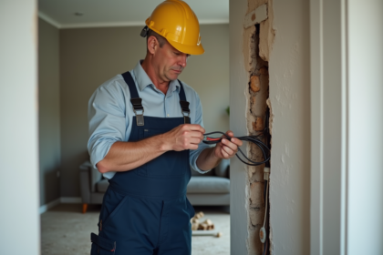 Électricien inspectant câblage électrique dans une maison