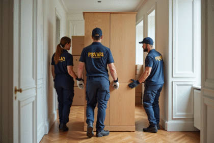 Equipe de monteurs professionnels portant uniformes dans un appartement moderne