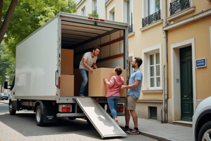 Famille chargeant des meubles dans un camion blanc devant un immeuble français