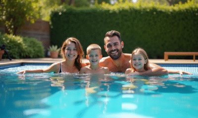 Famille profitant d'une piscine écologique en jardin