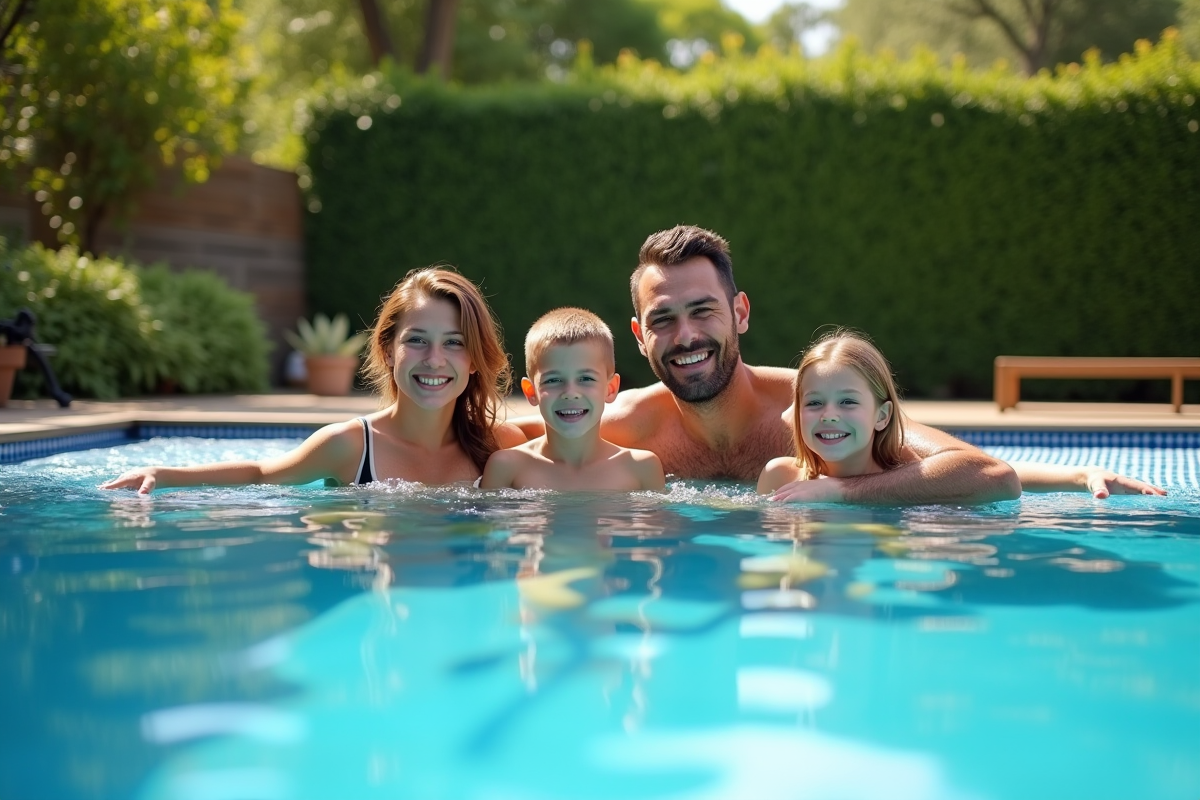 Famille profitant d'une piscine écologique en jardin