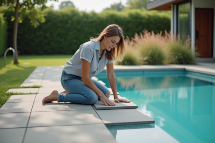 Femme arrangeant des carreaux autour d'une piscine moderne