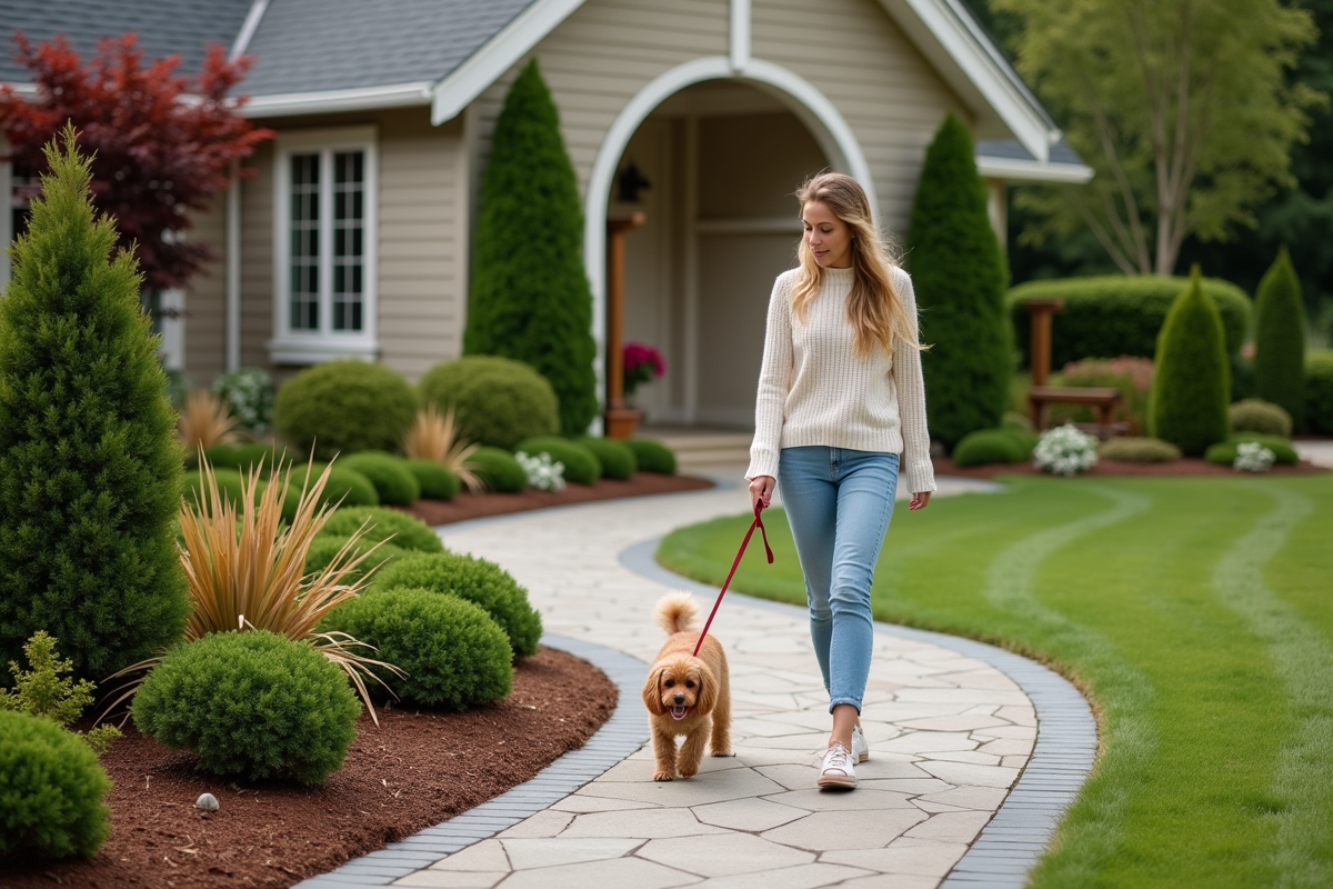 Jeune femme marchant son chien sur un chemin pavé dans un jardin