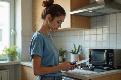 Jeune femme en cuisine vérifiant son budget avec calculette