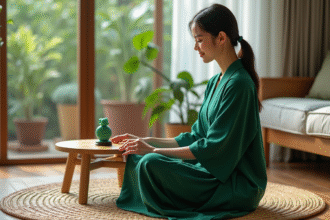 Femme en robe verte assise sur un tapis en bambou dans un salon lumineux
