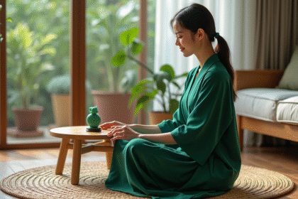 Femme en robe verte assise sur un tapis en bambou dans un salon lumineux