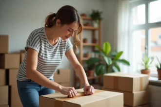 Jeune femme emballant une boîte de déménagement dans un salon lumineux
