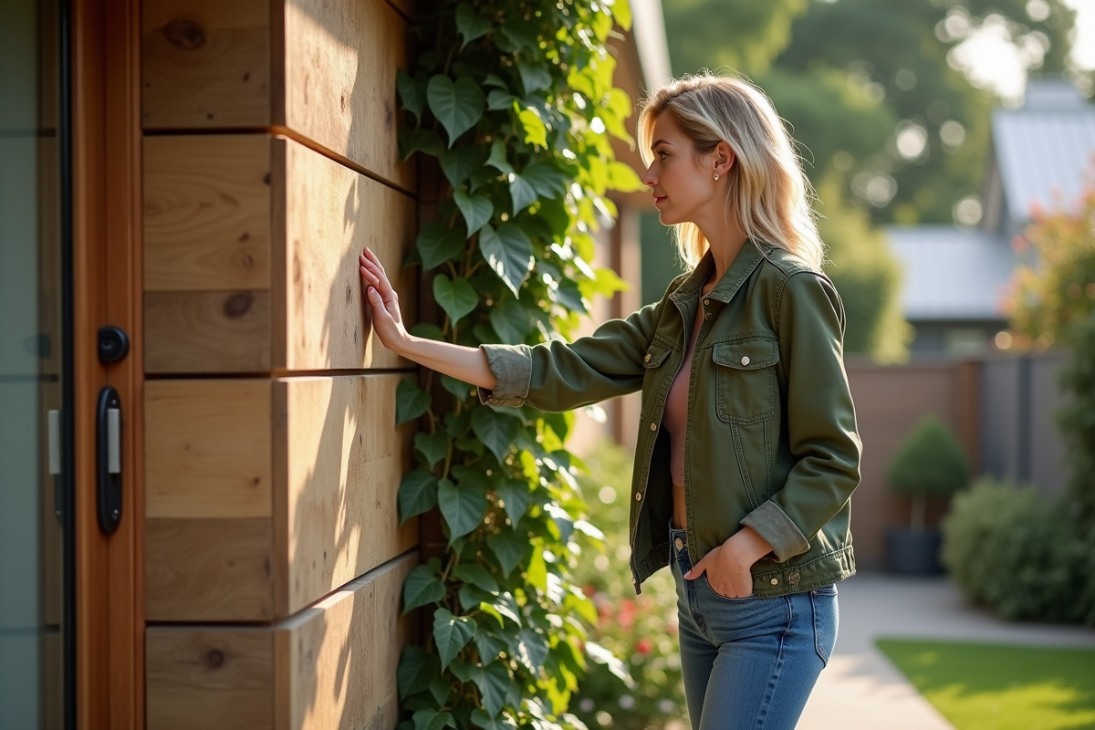 Femme touchant une façade en bois recyclé dans un jardin
