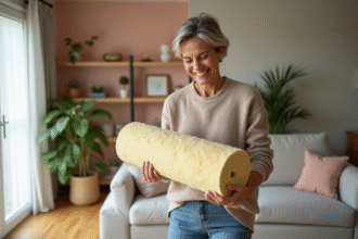 Femme souriante examinant un rouleau d'isolation naturelle