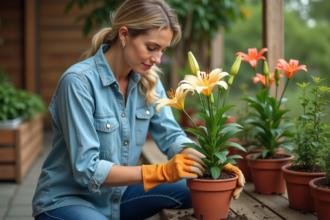 Femme plantant des lys dans un pot en terre cuite dans un patio