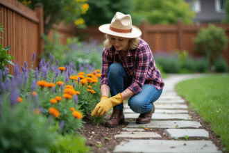 Femme d'âge moyen plantant des fleurs dans un jardin paisible