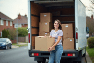 Femme souriante rangeant cartons dans un camion blanc