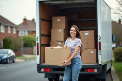 Femme souriante rangeant cartons dans un camion blanc
