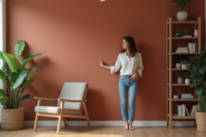 Femme en blouse en lin touche un mur terracotta dans un salon moderne