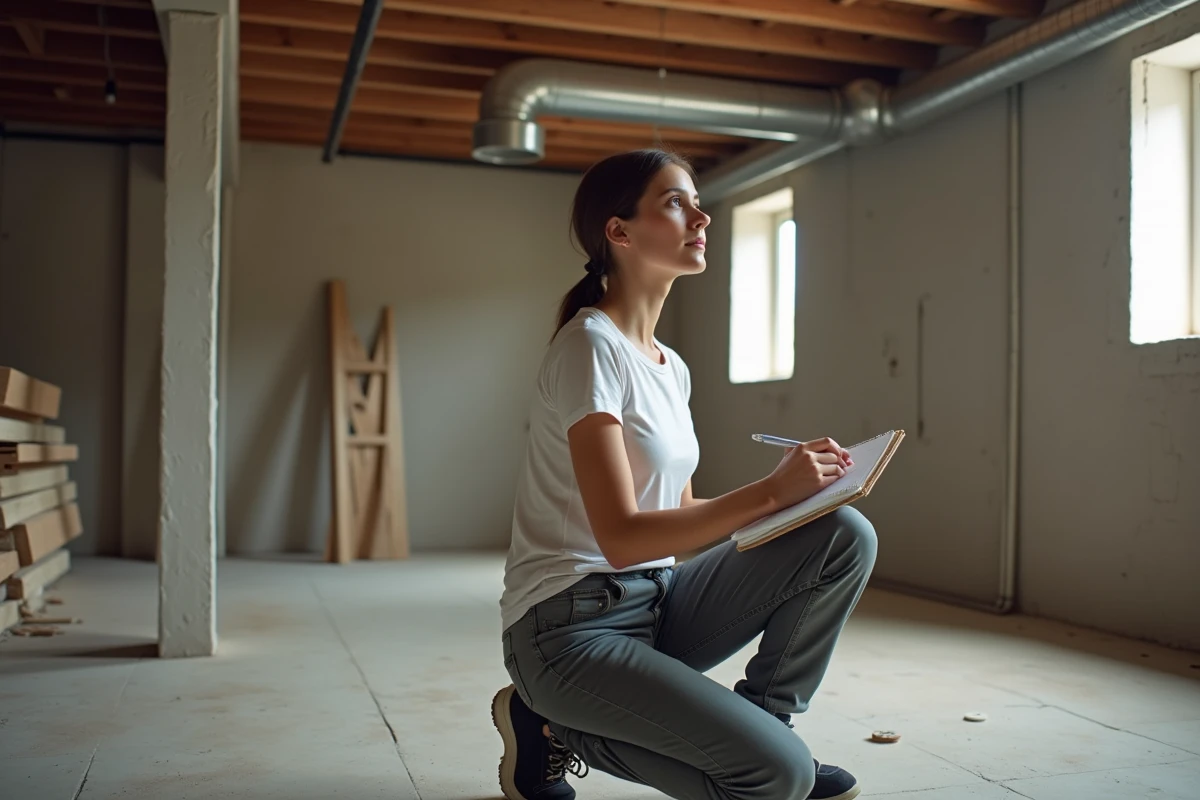 Jeune femme prenant des notes dans un sous-sol en travaux
