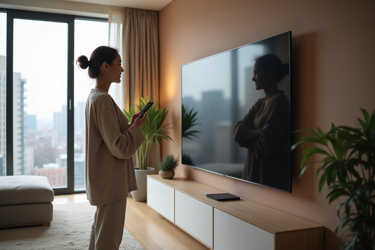 Jeune femme souriante regardant la télévision dans un salon