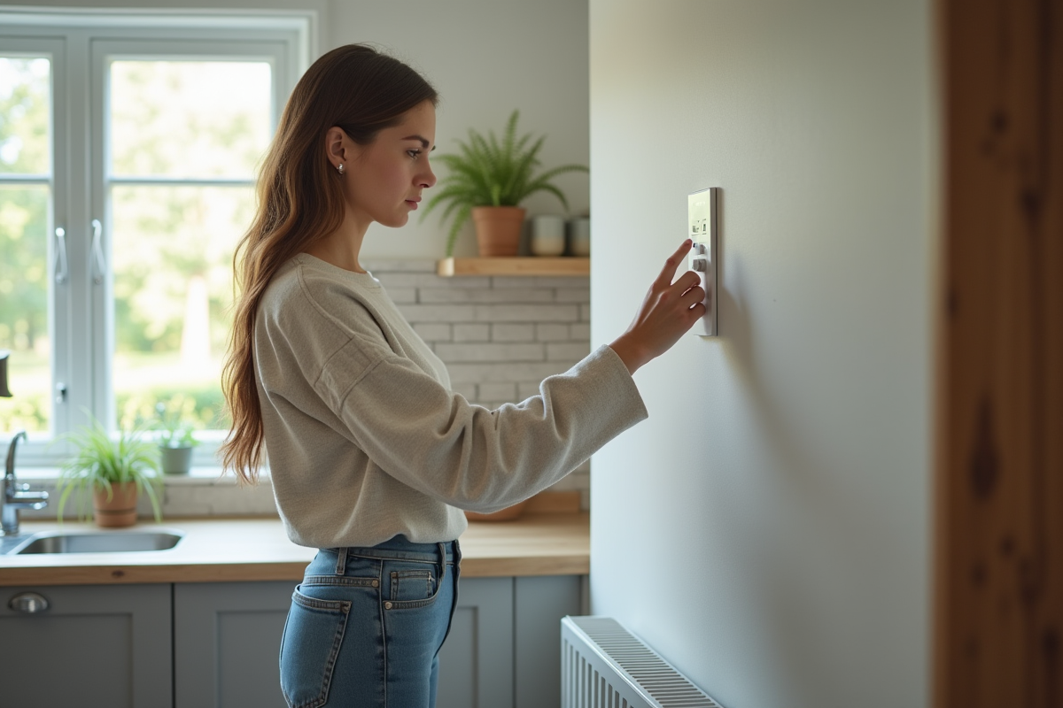 Jeune femme vérifiant les réglages de chauffage dans une cuisine lumineuse
