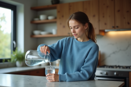 Jeune femme versant de l'eau dans un verre dans une cuisine moderne