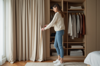 Femme dans une chambre moderne tirant un rideau beige sur une armoire