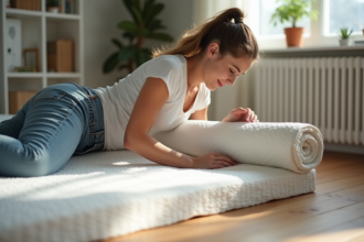Femme en jeans roulant un matelas mémoire dans un appartement lumineux