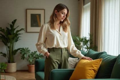 Femme élégante dans un salon vert et or