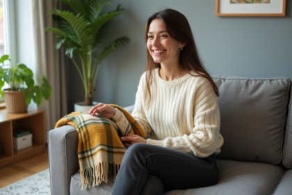 Femme souriante arrange un plaid dans un salon cosy