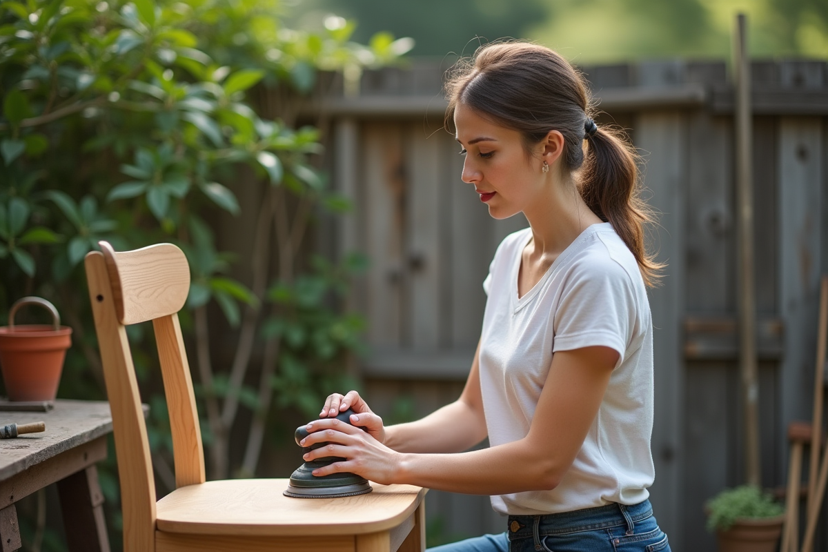 Jeune femme ponçant une chaise en bois en extérieur