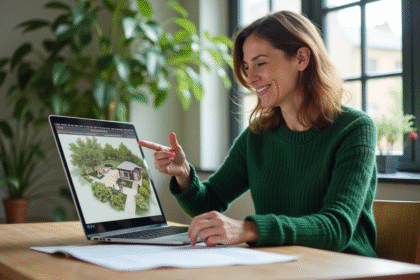 Femme souriante en bureau moderne avec plan digital
