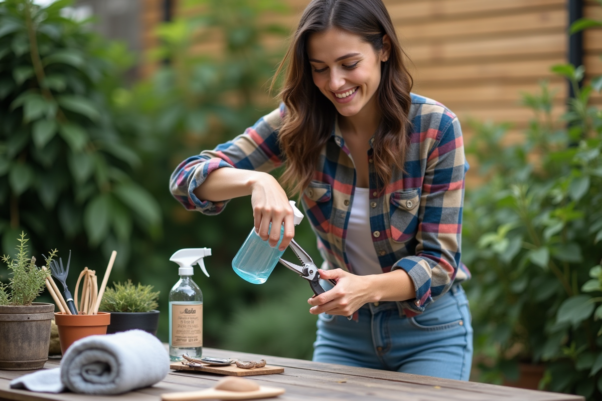 Jeune femme désinfectant ses outils de jardinage