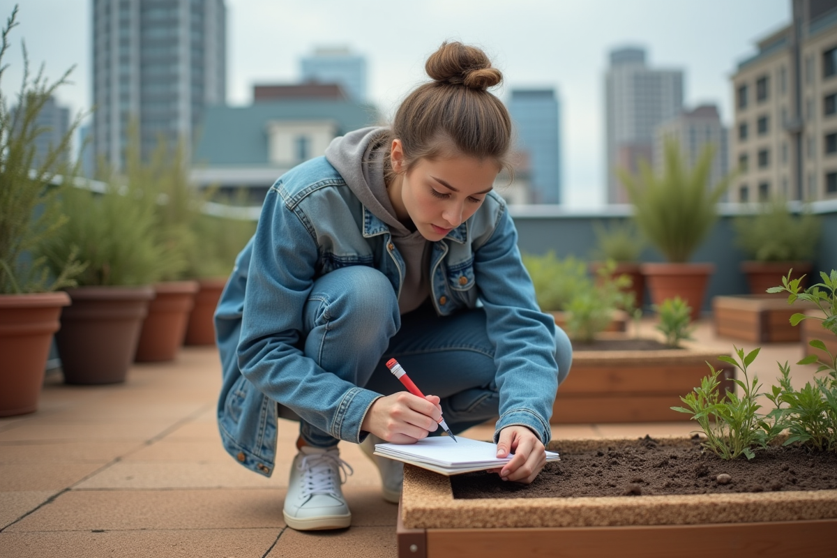 Jeune femme teste sol dans jardin urbain sur toit