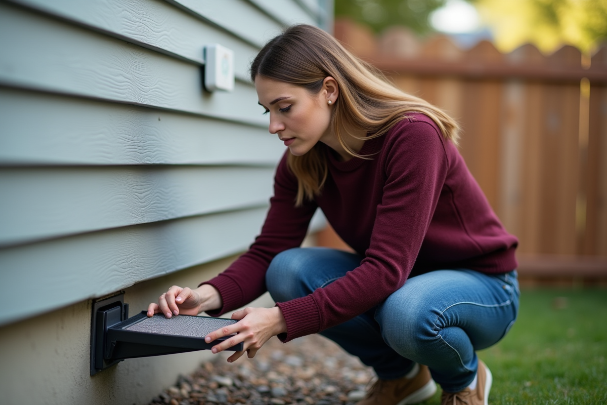 Jeune femme inspectant un filtre de gouttière dans son jardin