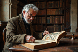 Historien français examine un manuscrit médiéval illustré