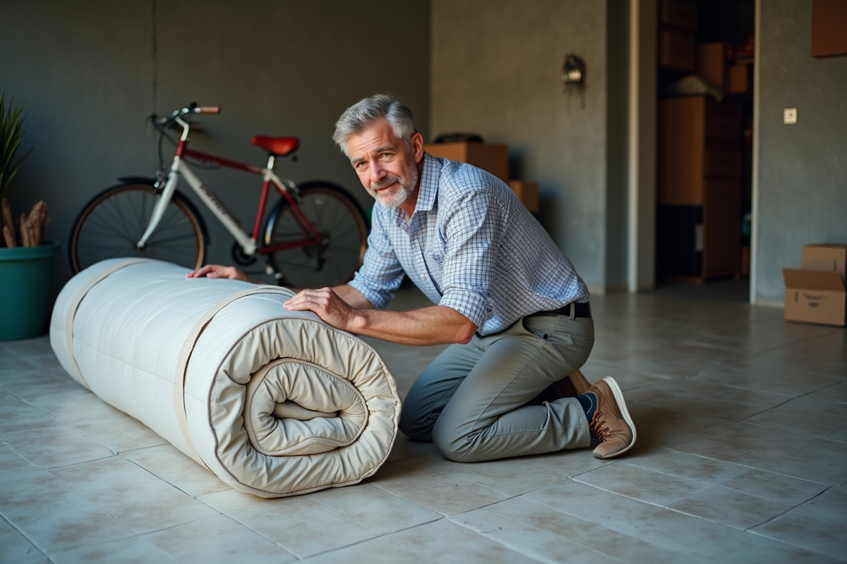 Homme attachant un matelas dans un garage organisé