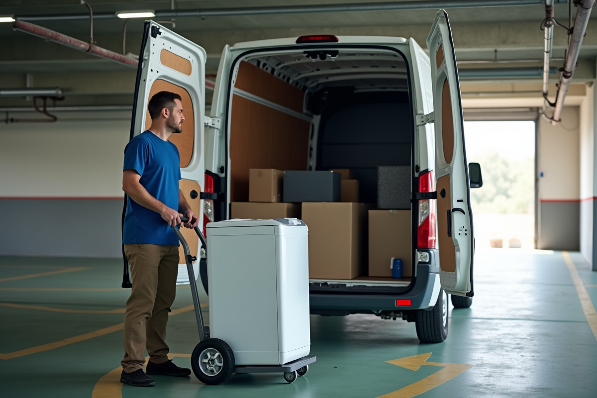 Homme déplaçant une machine à laver dans un garage