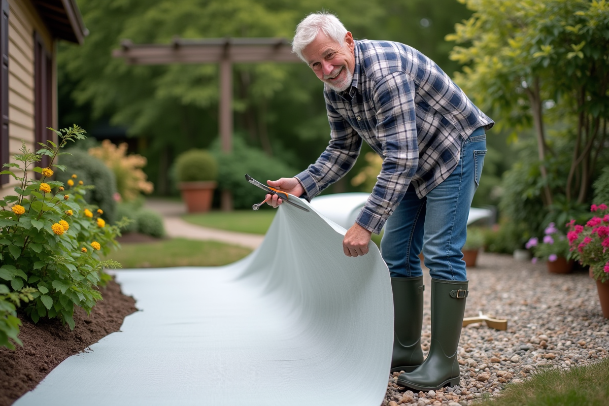 Homme coupe une membrane de geotextile dans le jardin